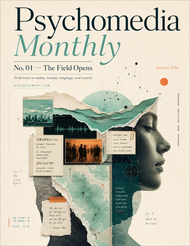 Psychomedia Monthly No. 01 — The Field Opens. A collage cover of a head in profile built from torn maps, city skylines, and multilingual notes, with the mastheads Psychomedia Monthly.