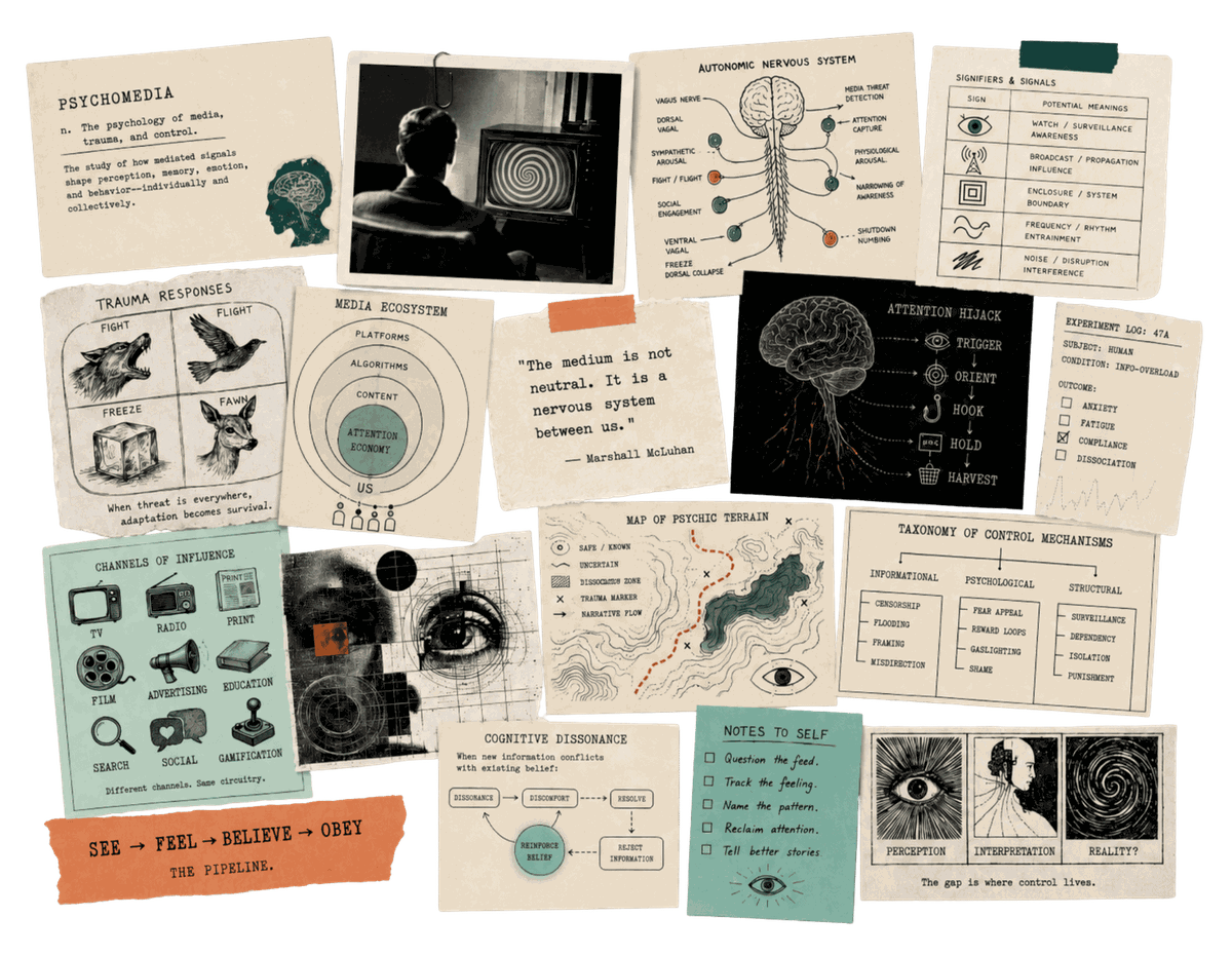A research-board collage mapping Psychomedia: media, trauma, language, attention, and control connected as one system.